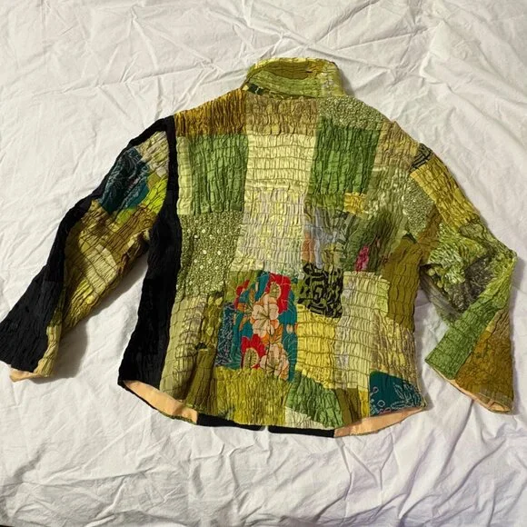 Tiger Lili VTG 80s 90s Patchwork Jacket 100% Silk Wearable Art Faux Fur Green 10 - Picture 5 of 13